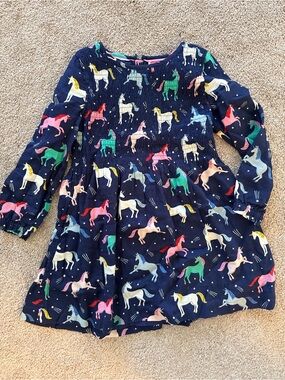 Mini Boden Girls Navy Unicorn Print Long Sleeve Dress
